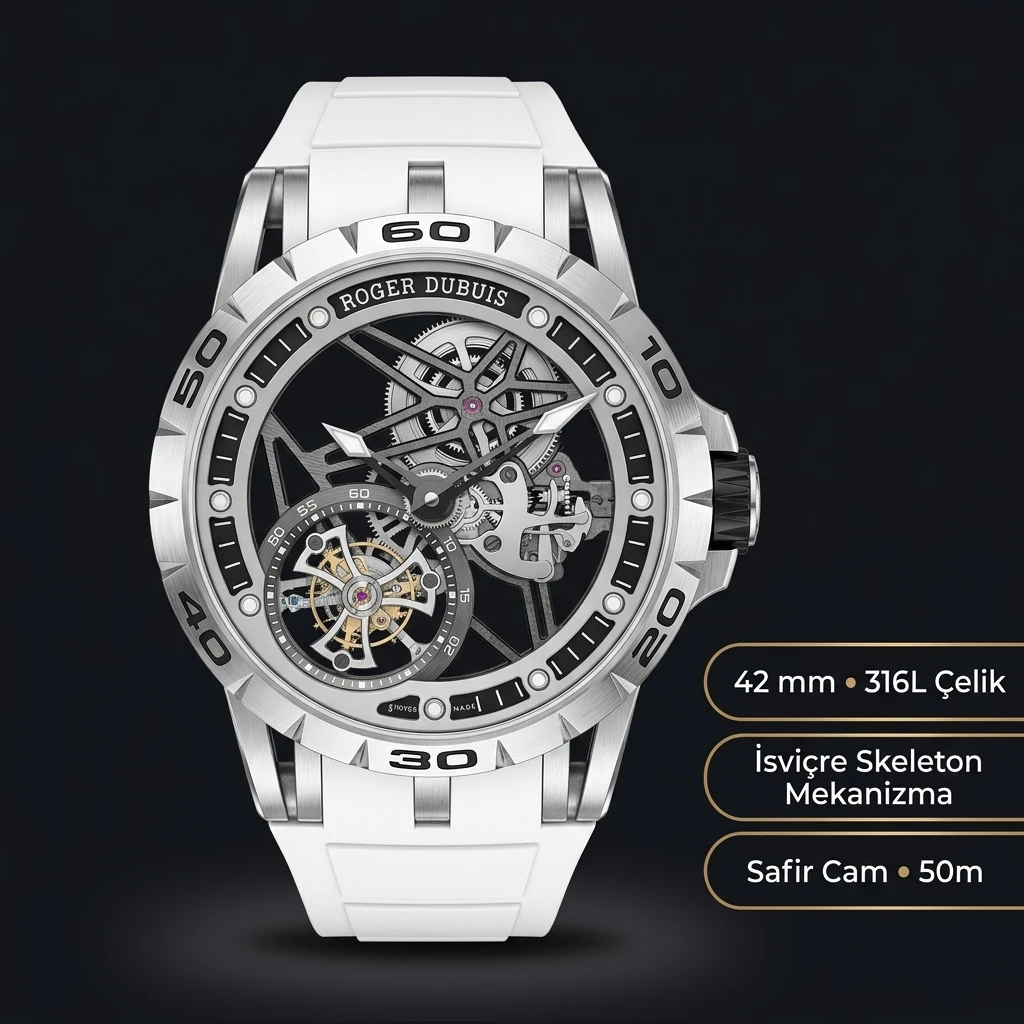 Roger Dubuis Excalibur Gümüş Skeleton Beyaz Kauçuk Kordon Super Clone ETA Saat