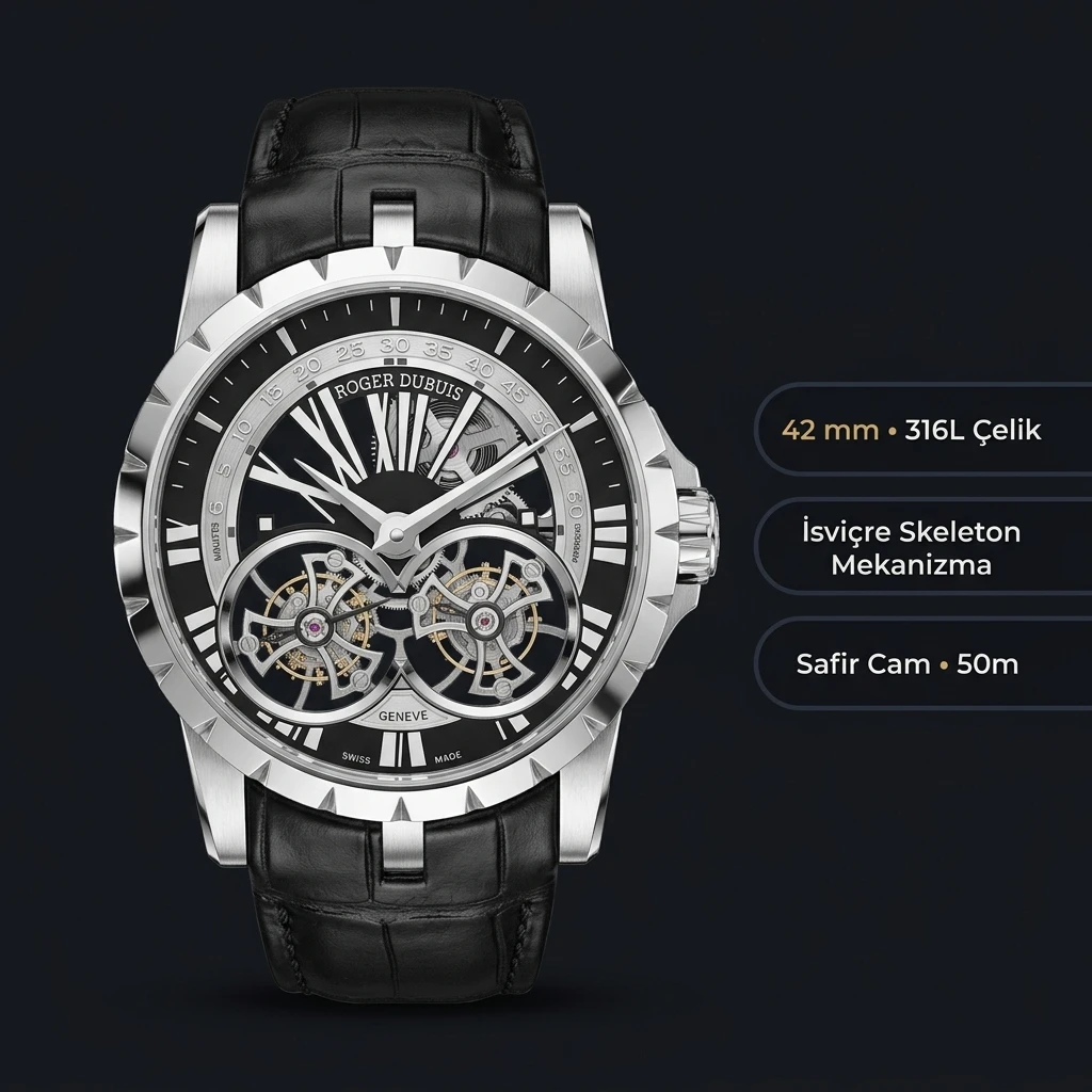 Roger Dubuis Excalibur Gümüş Skeleton Deri Super Clone ETA Saat