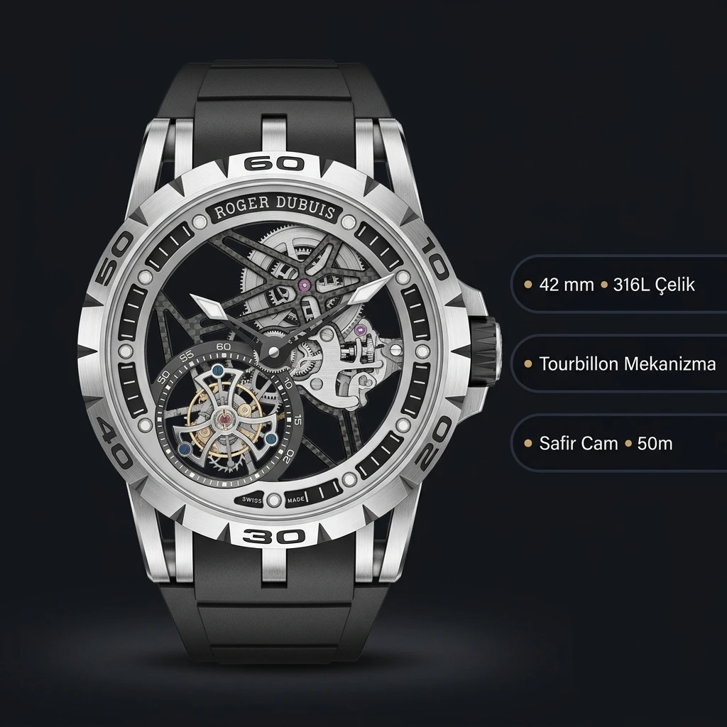 Roger Dubuis Excalibur Gümüş Skeleton Tourbillon Kauçuk Kordon Super Clone ETA Saat
