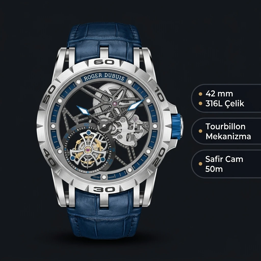 Roger Dubuis Excalibur Gümüş Skeleton Tourbillon Mavi Kauçuk Kordon Super Clone ETA Saat