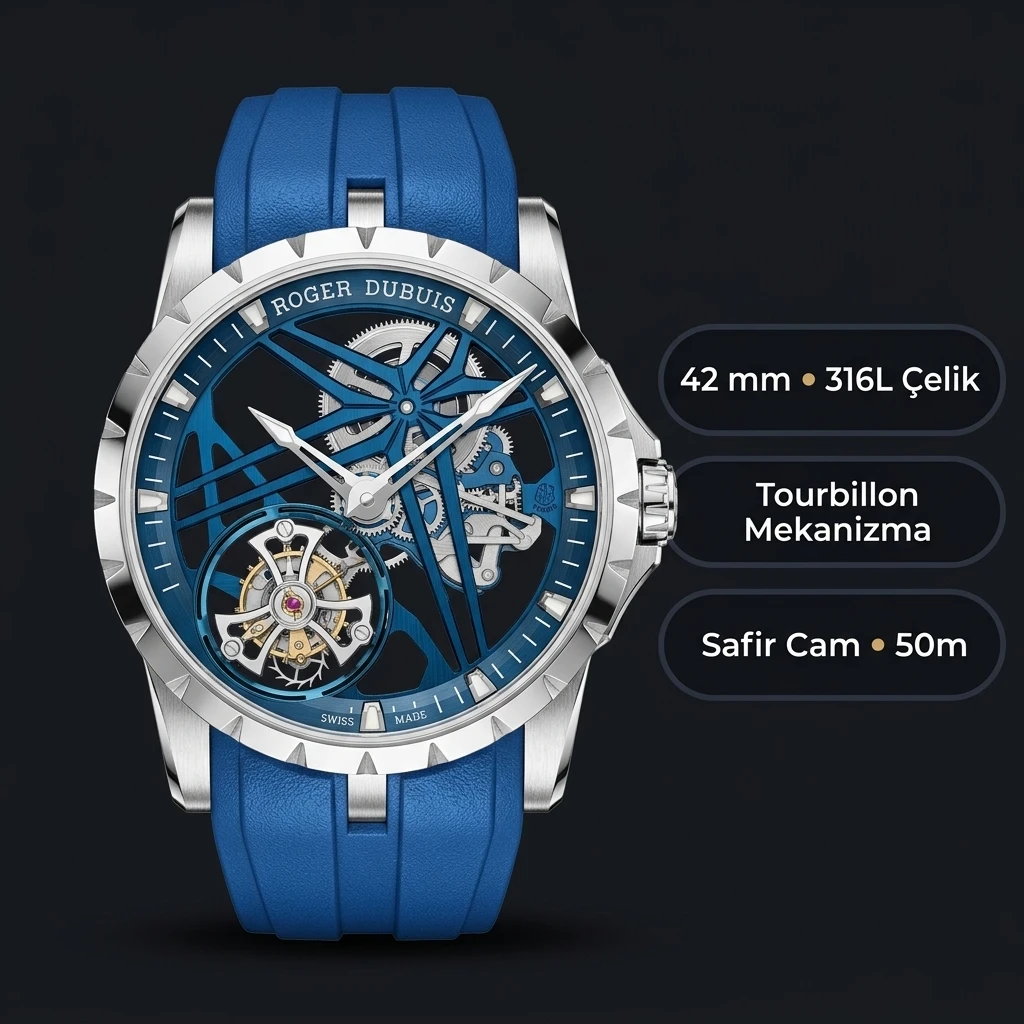 Roger Dubuis Excalibur Mavi Skeleton Tourbillon Kauçuk Kordon Super Clone ETA Saat