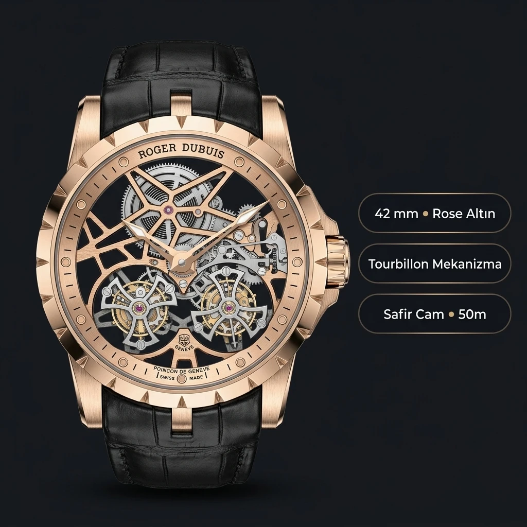 Roger Dubuis Excalibur Rose Skeleton Tourbillon Deri Koyu Seri Super Clone ETA Saat