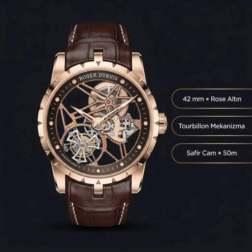 Roger Dubuis Excalibur Rose Skeleton Tourbillon Kahve Deri Super Clone ETA Saat