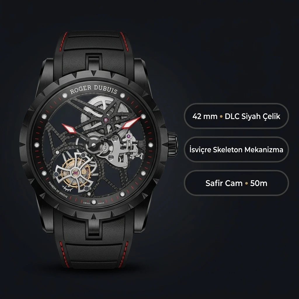 Roger Dubuis Excalibur Siyah Skeleton Kauçuk Kordon Super Clone ETA Saat