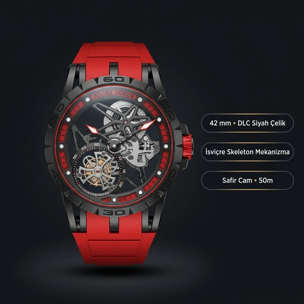 Roger Dubuis Excalibur Siyah Skeleton Kırmızı Kauçuk Kordon Super Clone ETA Saat