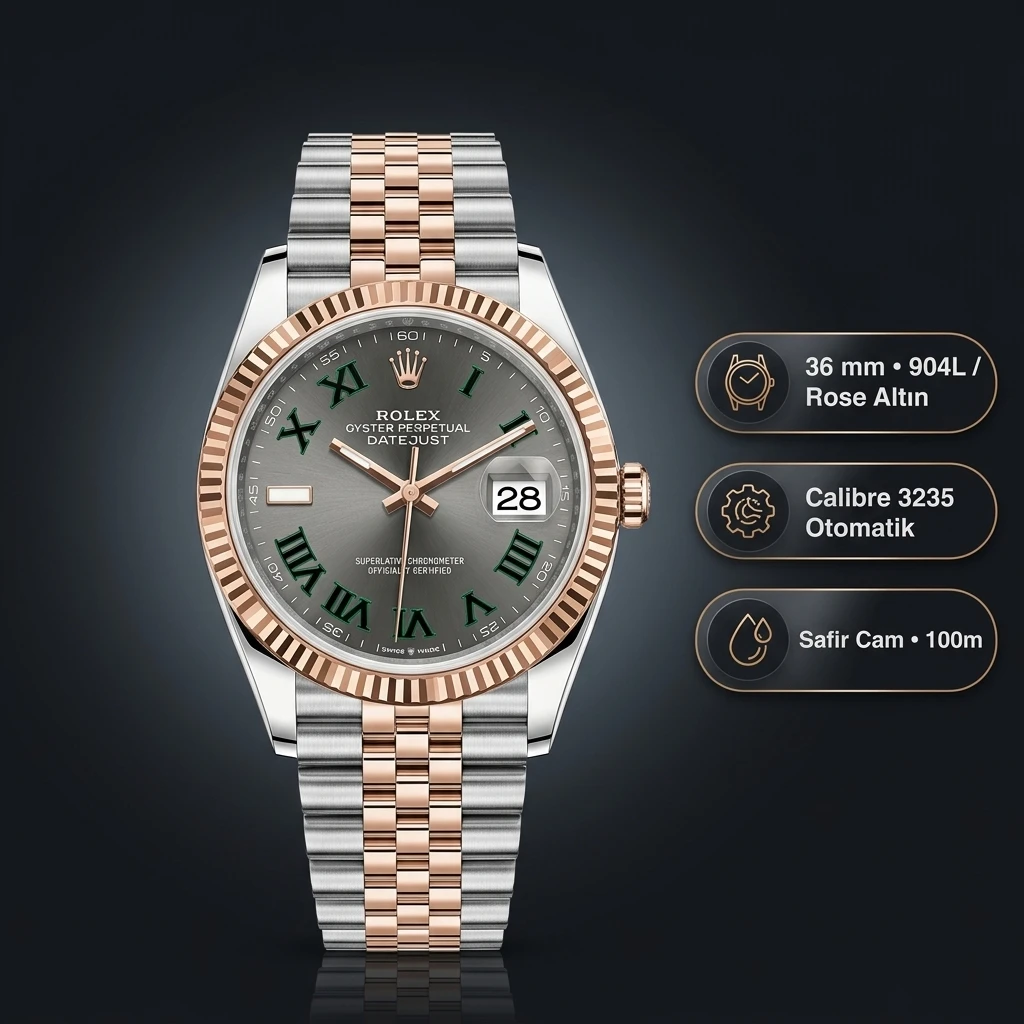 Rolex Datejust 36 mm 126231 Wimbledon Rhodium Kadranlı Jubilee Bilezik Fluted (Yivli) Bezel 3235 Super Clone ETA Saat