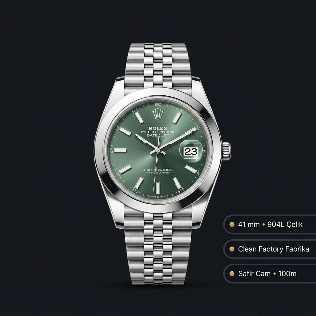 Rolex Datejust 41 mm 126300 Mint Yeşil Kadranlı Jubilee Bilezik Smooth (Düz) Bezel 3235 Super Clone ETA Saat