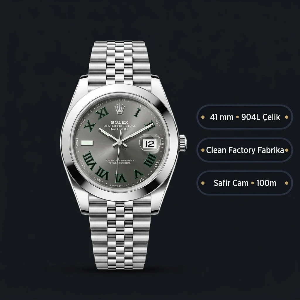 Rolex Datejust 41 mm 126300 Wimbledon Rhodium Kadranlı Jubilee Bilezik Smooth (Düz) Bezel 3235 Super Clone ETA Saat