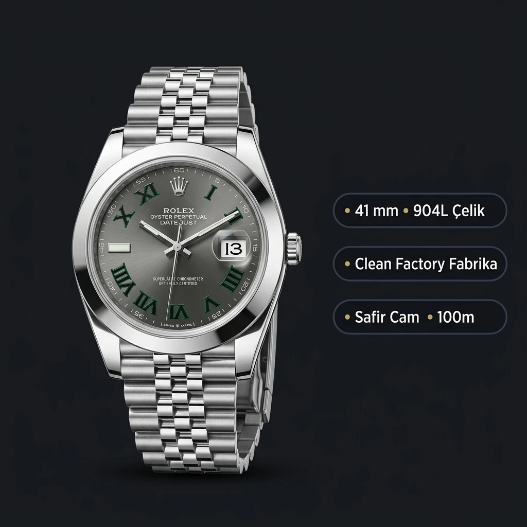 Rolex Datejust 41 mm 126300 Wimbledon Rhodium Kadranlı Jubilee Bilezik Smooth (Düz) Bezel 3235 Super Clone ETA Saat