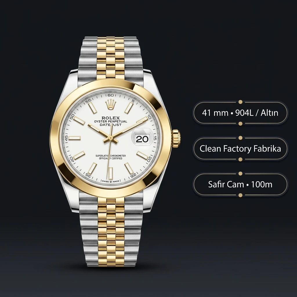 Rolex Datejust 41 mm 126303 Beyaz Kadranlı Jubilee Bilezik Smooth (Düz) Bezel 3235 Super Clone ETA Saat