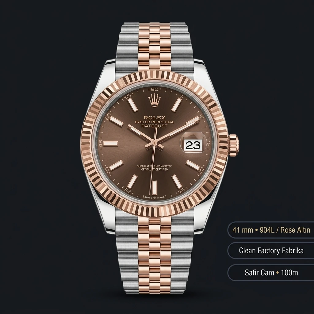 Rolex Datejust 41 mm 126331 Chocolate Kadranlı Jubilee Bilezik Fluted (Yivli) Bezel 3235 Super Clone ETA Saat