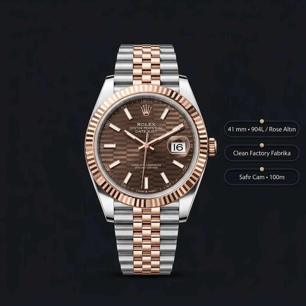 Rolex Datejust 41 mm 126331 Fluted Motif Kahve Kadranlı Jubilee Bilezik Fluted (Yivli) Bezel 3235 Super Clone ETA Saat