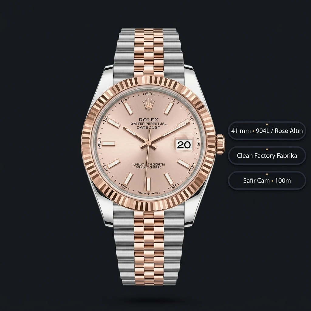 Rolex Datejust 41 mm 126331 Pink Kadranlı Jubilee Bilezik Fluted (Yivli) Bezel 3235 Super Clone ETA Saat