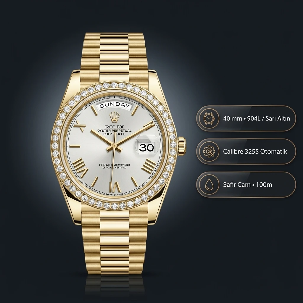 Rolex Datejust 126333 41 mm Beyaz Kadranlı Jubilee Sarı Altın Roma Super Clone ETA Saat