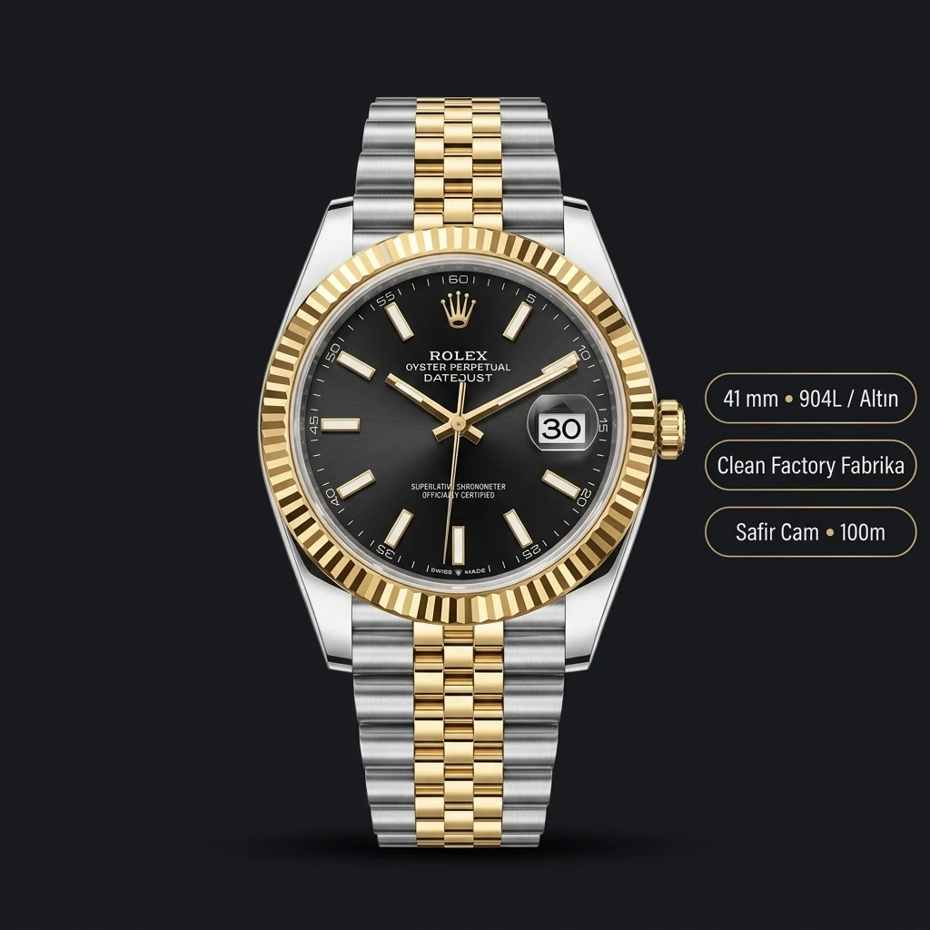 Rolex Datejust 41 mm 126333 Siyah Kadranlı Jubilee Bilezik Fluted (Yivli) Bezel 3235 Super Clone ETA Saat