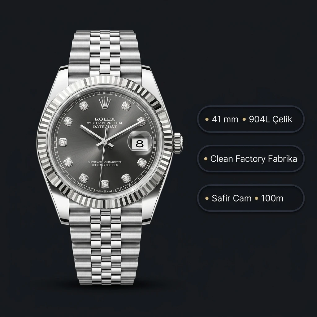 Rolex Datejust 41 mm 126334 Diamond İndeksli Rhodium Kadranlı Jubilee Bilezik Fluted (Yivli) Bezel 3235 Super Clone ETA Saat