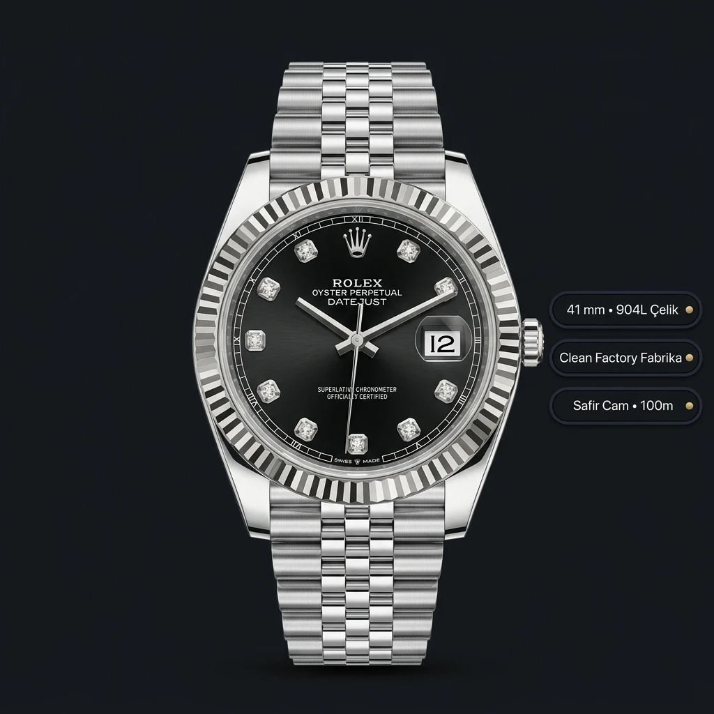Rolex Datejust 41 mm 126334 Diamond İndeksli Siyah Kadranlı Jubilee Bilezik Fluted (Yivli) Bezel 3235 Super Clone ETA Saat
