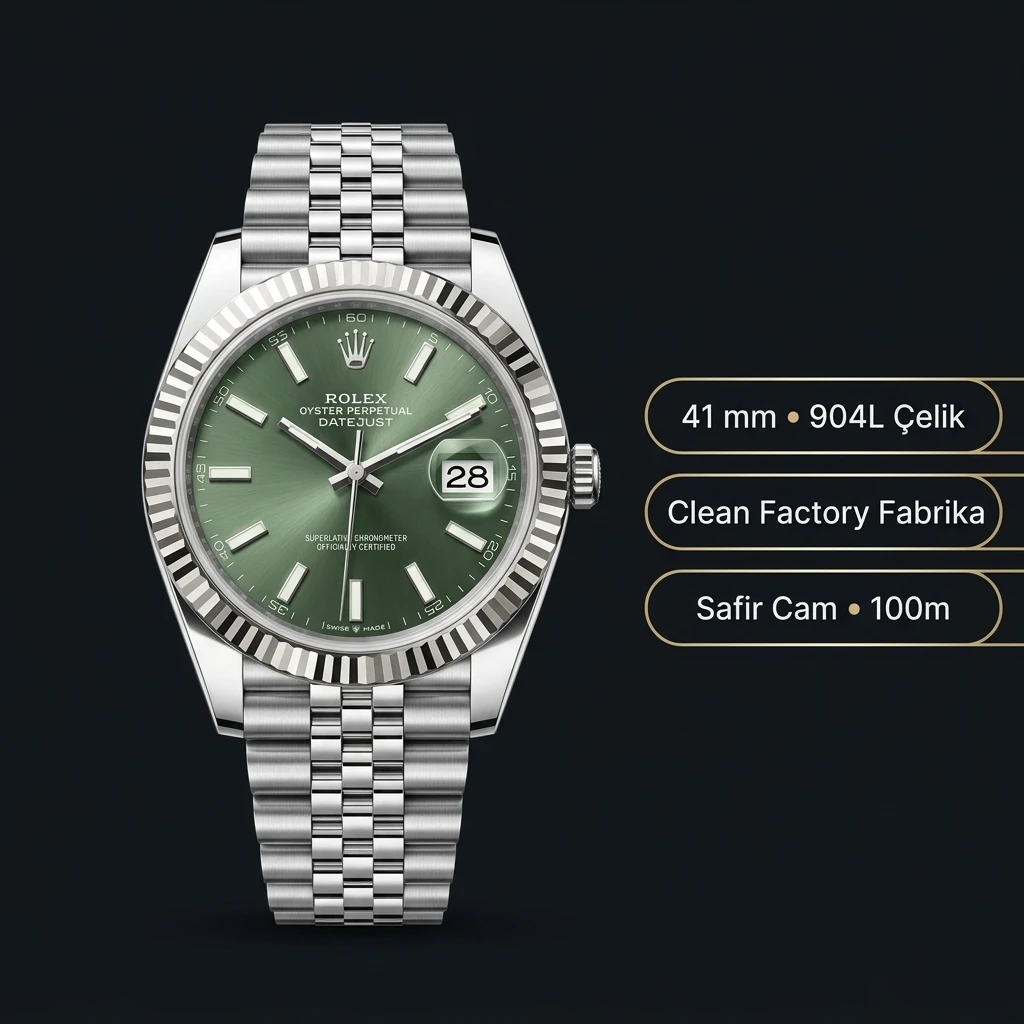 Rolex Datejust 126334 41 mm fluted Yeşil Kadranlı Jubilee 27 Super Clone ETA Saat
