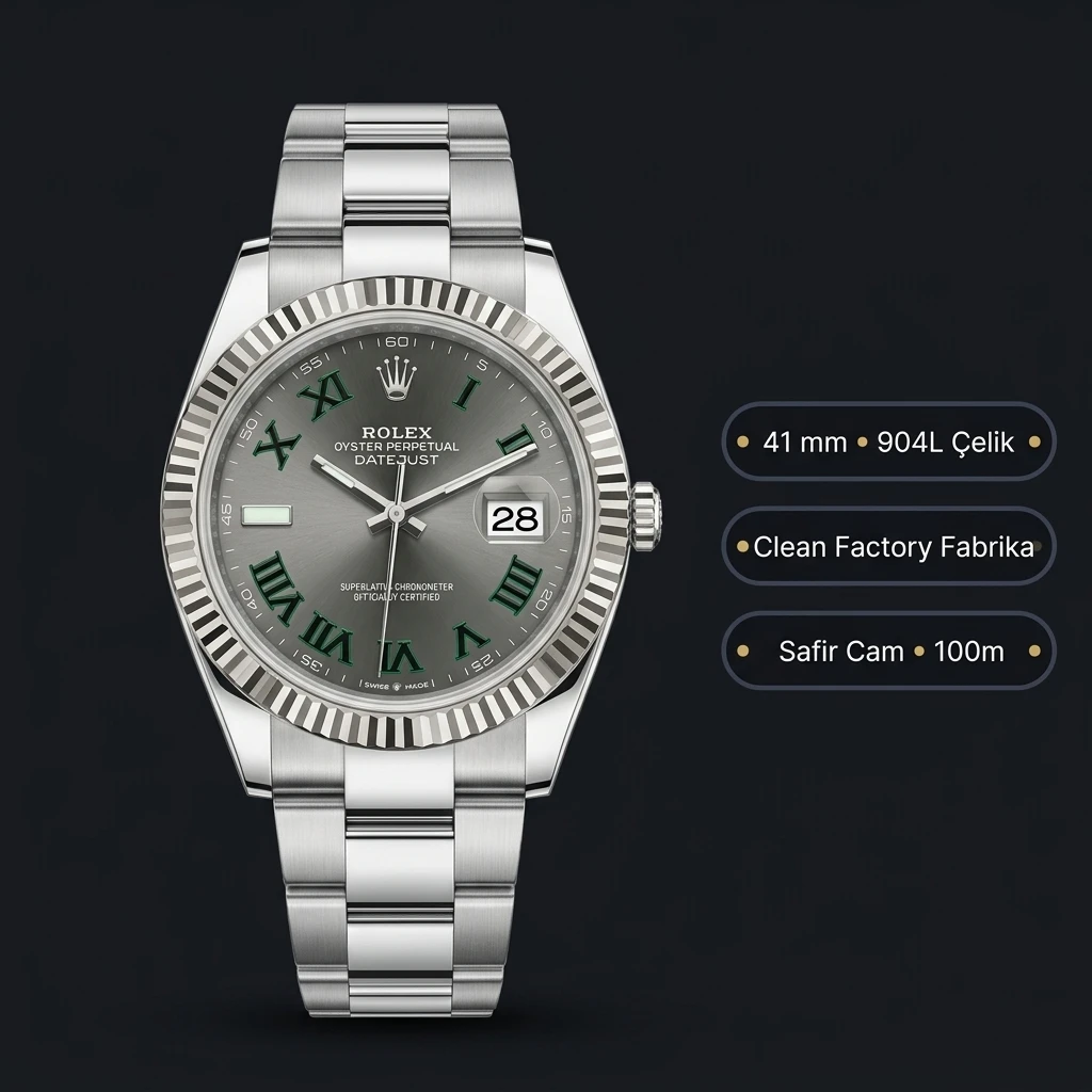 Rolex Datejust 41 mm 126334 Wimbledon Rhodium Kadranlı Oyster Bilezik Fluted (Yivli) Bezel 3235 Super Clone ETA Saat