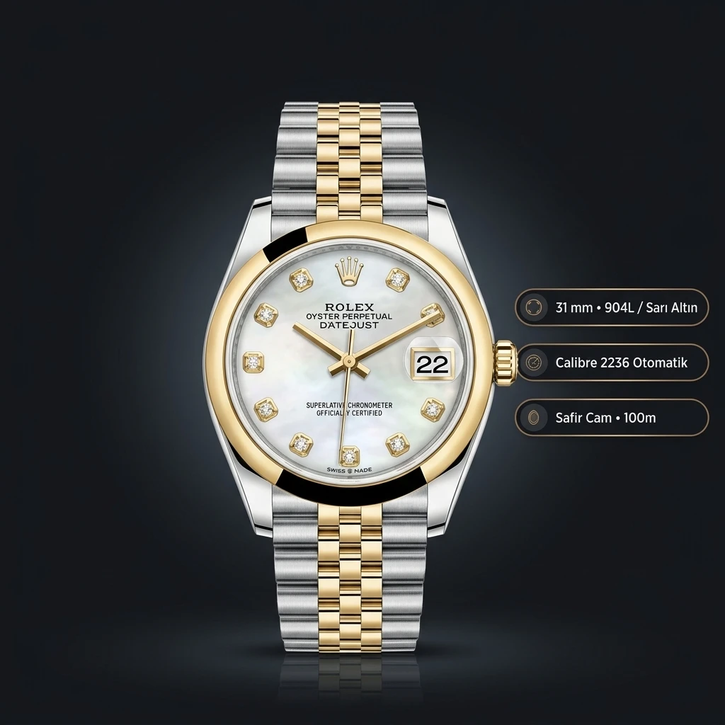 Rolex Datejust 31 mm 278243 Diamond İndeksli Gümüş Kadranlı Jubilee Bilezik Smooth / Domed (Düz) Bezel 2236 Super Clone ETA Saat