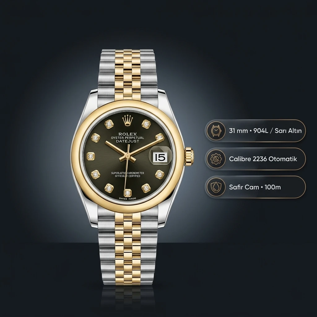 Rolex Datejust 31 mm 278243 Siyah Kadranlı Jubilee Bilezik Smooth / Domed (Düz) Bezel 2236 Super Clone ETA Saat