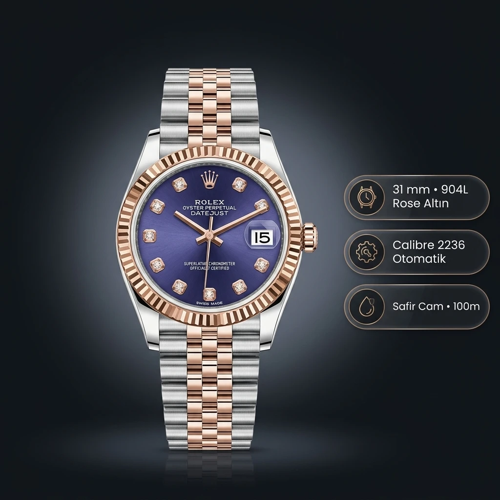 Rolex Datejust 31 mm 278271 Diamond İndeksli Lacivert Kadranlı Jubilee Bilezik Fluted (Yivli) Bezel 2236 Super Clone ETA Saat