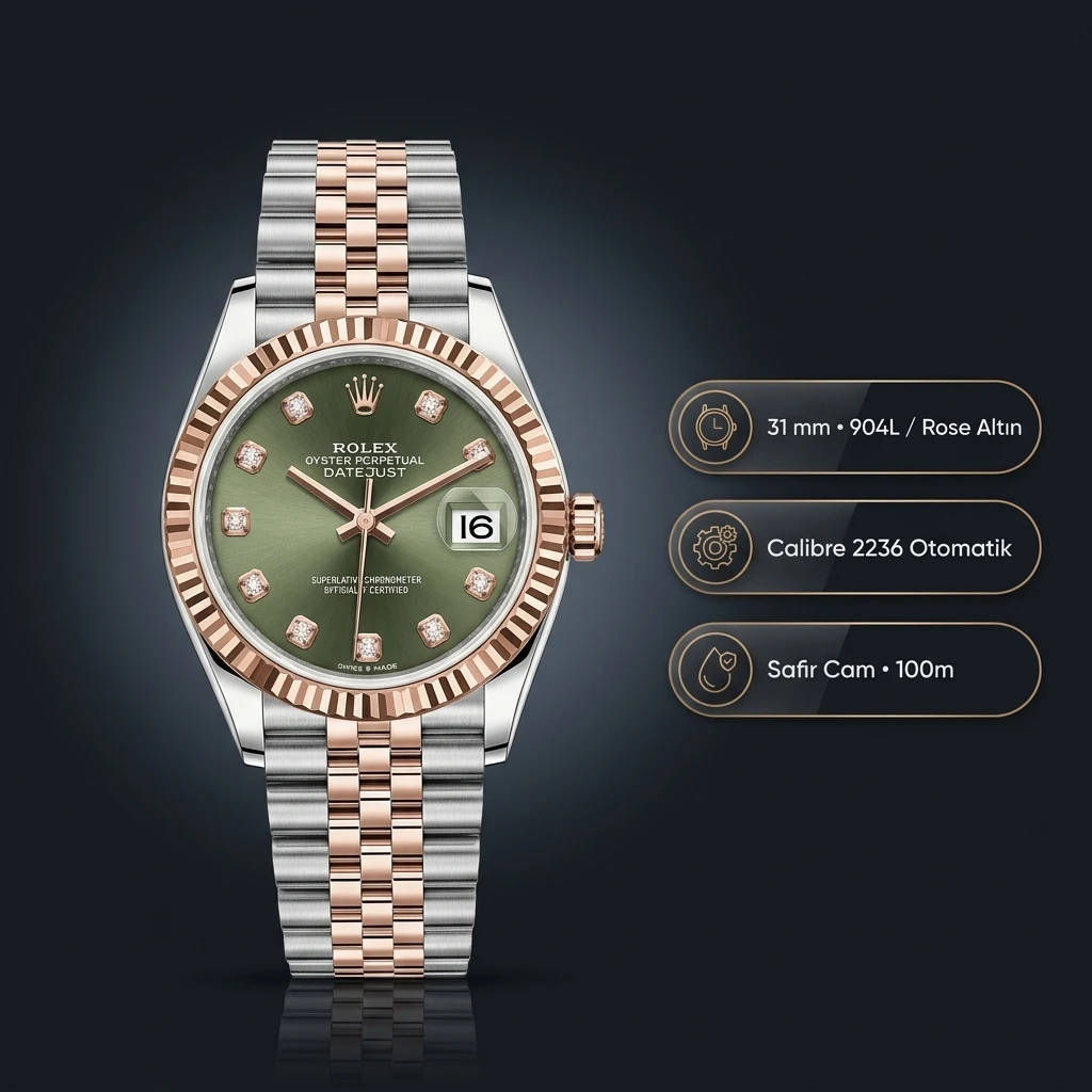 Rolex Datejust 31 mm 278271 Diamond İndeksli Mint Yeşil Kadranlı Jubilee Bilezik Fluted (Yivli) Bezel 2236 Super Clone ETA Saat