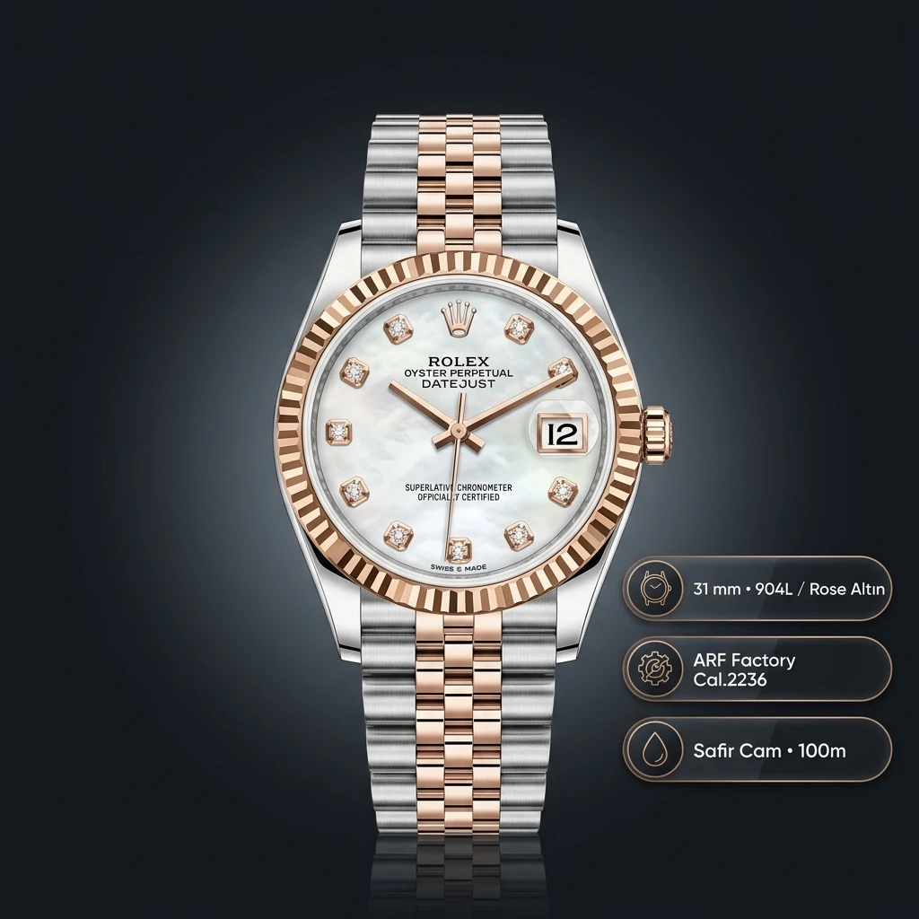 Rolex Datejust 31 mm 278271 Diamond İndeksli Sedef Kadranlı Jubilee Bilezik Fluted (Yivli) Bezel 2236 Super Clone ETA Saat