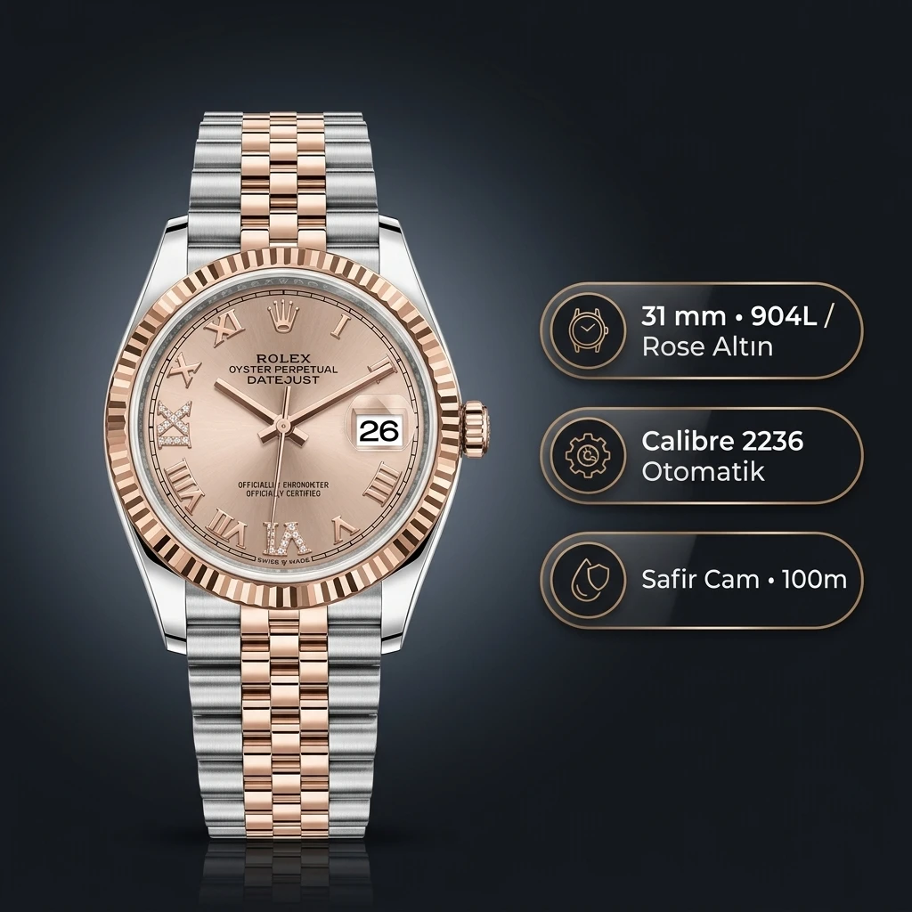 Rolex Datejust 31 mm 278271 Roma Rakamlı Rose Kadranlı Jubilee Bilezik Fluted (Yivli) Bezel 2236 Super Clone ETA Saat