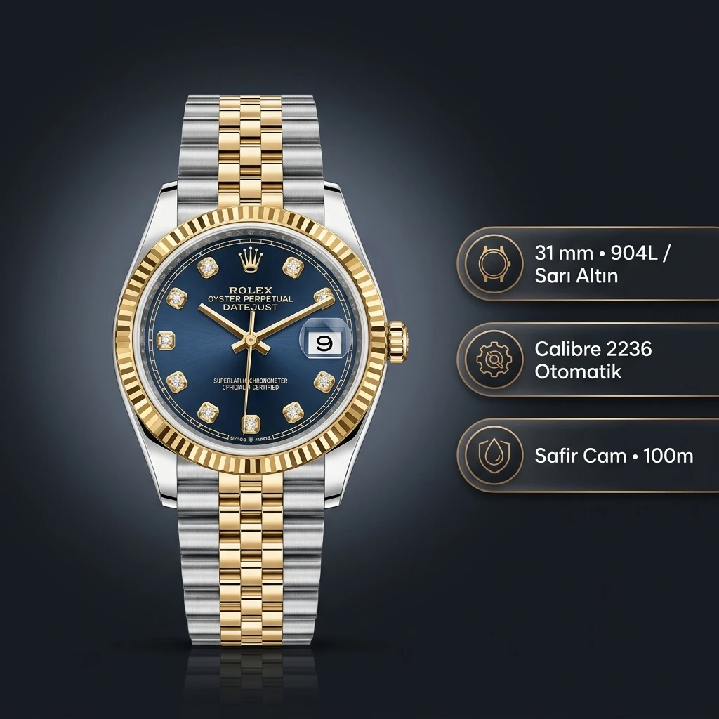 Rolex Datejust 31 mm 278273 Diamond İndeksli Mavi Kadranlı Jubilee Bilezik Fluted (Yivli) Bezel 2236 Super Clone ETA Saat