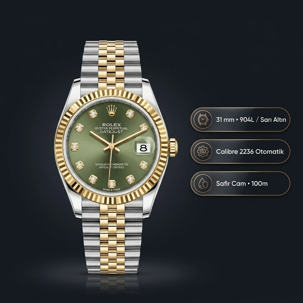 Rolex Datejust 31 mm 278273 Diamond İndeksli Mint Yeşil Kadranlı Jubilee Bilezik Fluted (Yivli) Bezel 2236 Super Clone ETA Saat