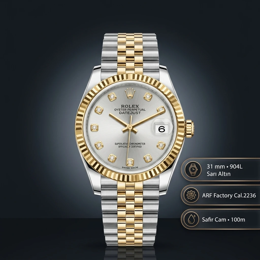 Rolex Datejust 31 mm 278273 Diamond İndeksli Rhodium Kadranlı Jubilee Bilezik Fluted (Yivli) Bezel 2236 Super Clone ETA Saat