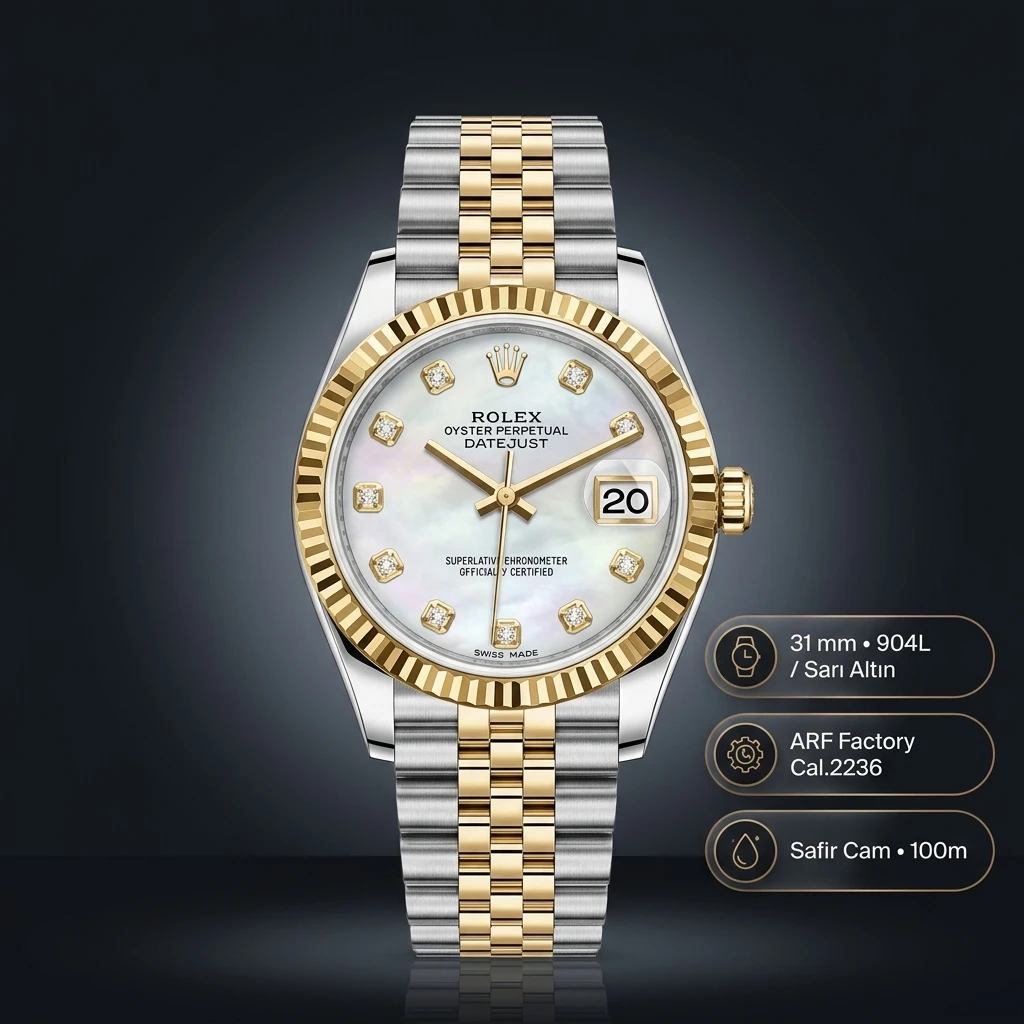 Rolex Datejust 31 mm 278273 Diamond İndeksli Sedef Kadranlı Jubilee Bilezik Fluted (Yivli) Bezel 2236 Super Clone ETA Saat