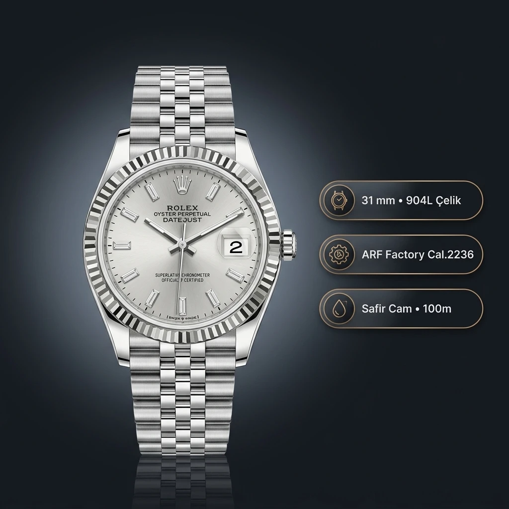 Rolex Datejust 31 mm 278274 Diamond İndeksli Gümüş Kadranlı Jubilee Bilezik Fluted (Yivli) Bezel 2236 Super Clone ETA Saat
