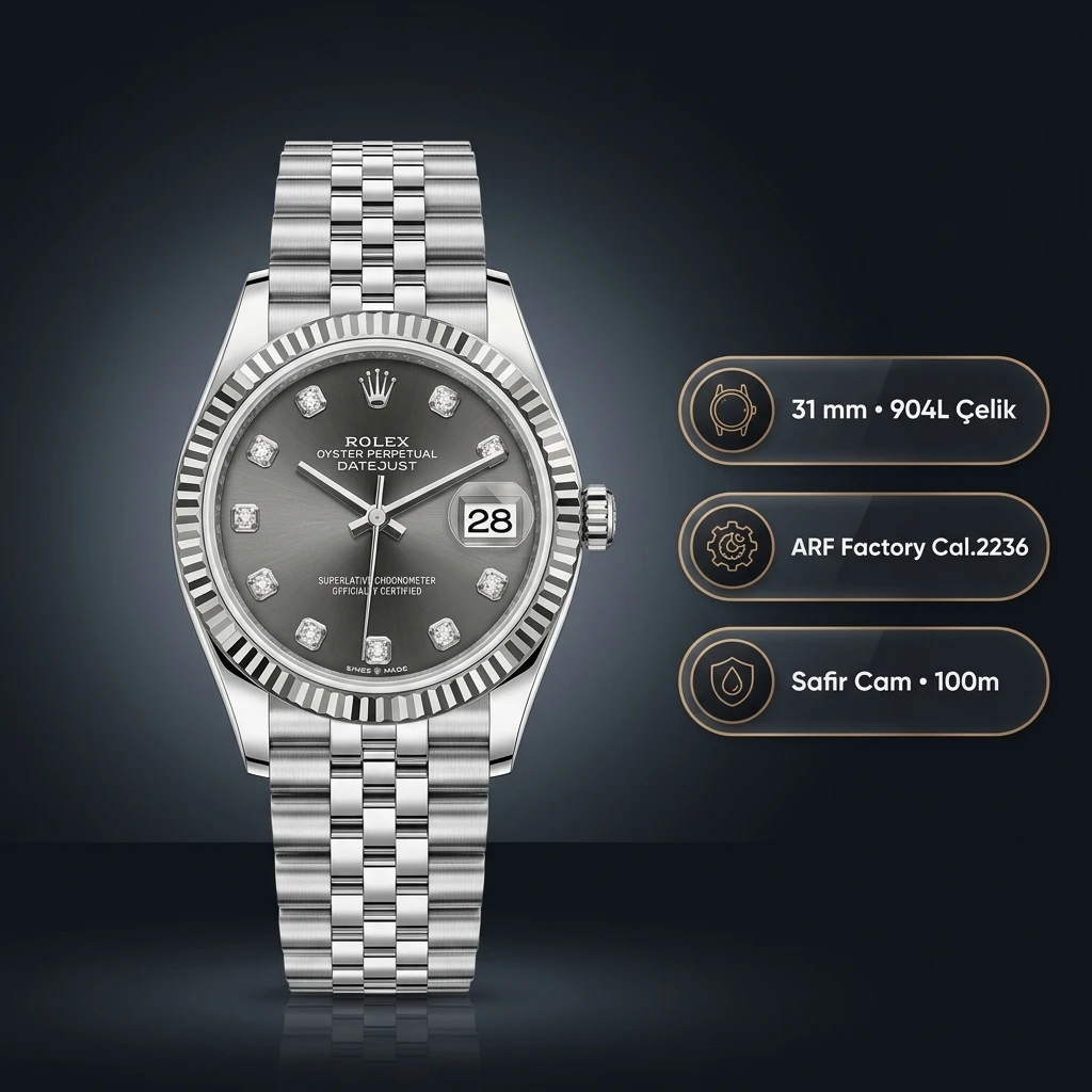 Rolex Datejust 31 mm 278274 Diamond İndeksli Rhodium Kadranlı Jubilee Bilezik Fluted (Yivli) Bezel 2236 Super Clone ETA Saat