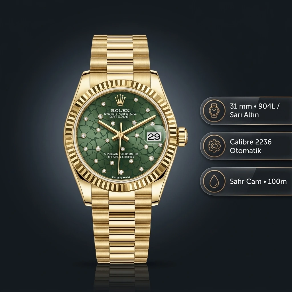 Rolex Datejust 31 mm 278278 Yeşil Kadranlı President Bilezik (Özel Varyant) Fluted (Yivli) Bezel 2236 Super Clone ETA Saat
