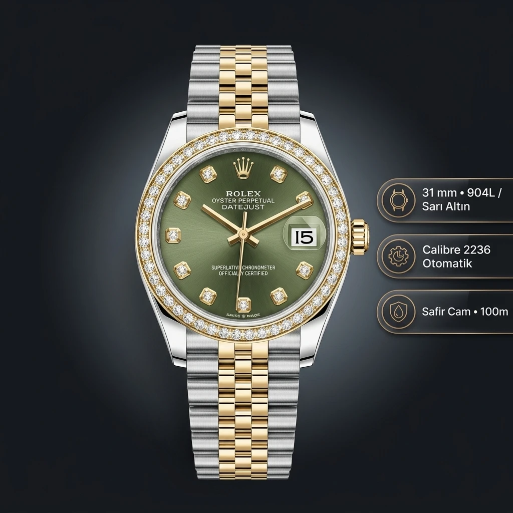 Rolex Datejust 31 mm Diamond İndeksli Mint Yeşil Kadranlı Yellow Rolesor Jubilee Bilezik Diamond Taşlı Bezel 2236 Super Clone ETA Saat