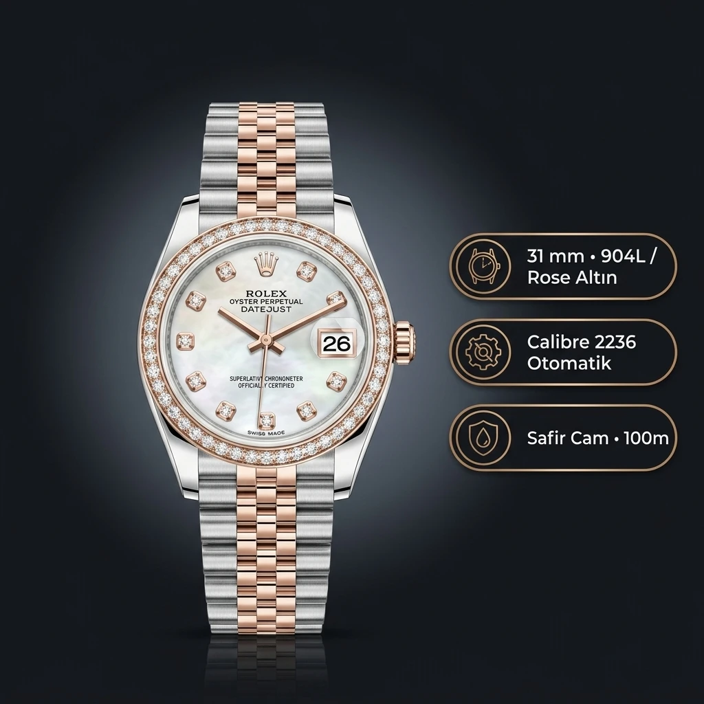 Rolex Datejust 31 mm Diamond İndeksli Sedef Kadranlı Everose Rolesor Jubilee Bilezik Diamond Taşlı Bezel 2236 Super Clone ETA Saat