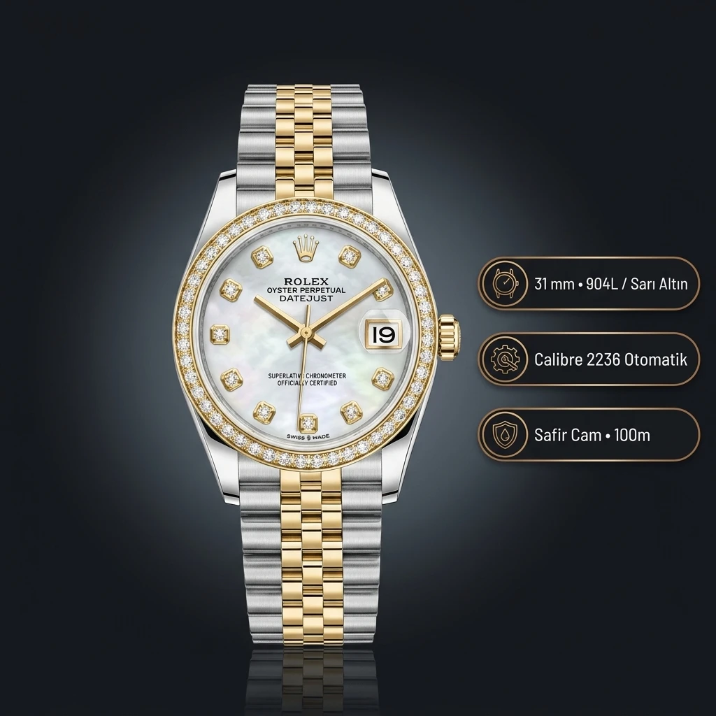 Rolex Datejust 31 mm Diamond İndeksli Sedef Kadranlı Yellow Rolesor Jubilee Bilezik Diamond Taşlı Bezel 2236 Super Clone ETA Saat