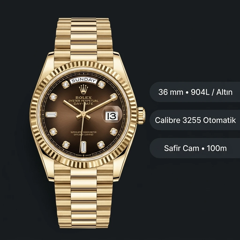 Rolex Day-Date 36 mm 128238 Kahve Kadranlı President Sari Altin Diamond Super Clone ETA Saat