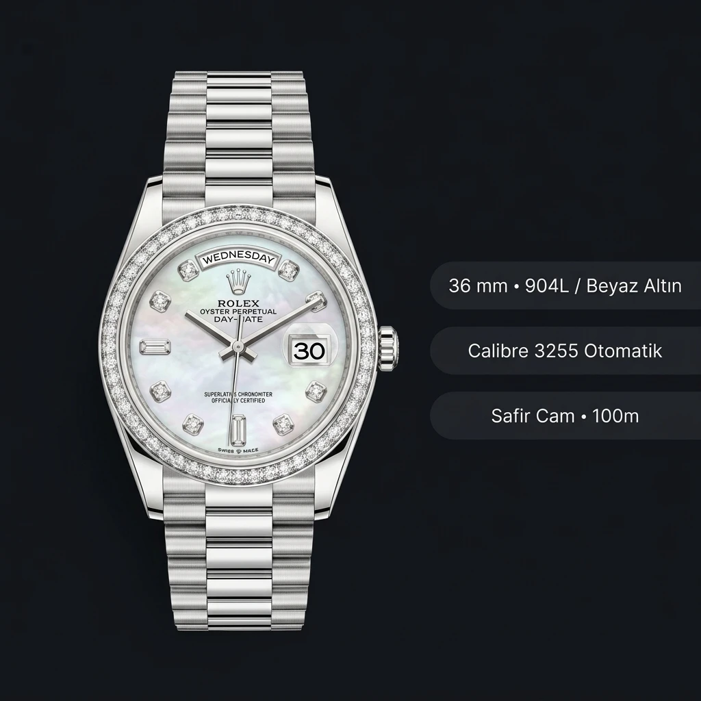 Rolex Day-Date 36 mm 128238 Sedef Kadranlı President Diamond Super Clone ETA Saat