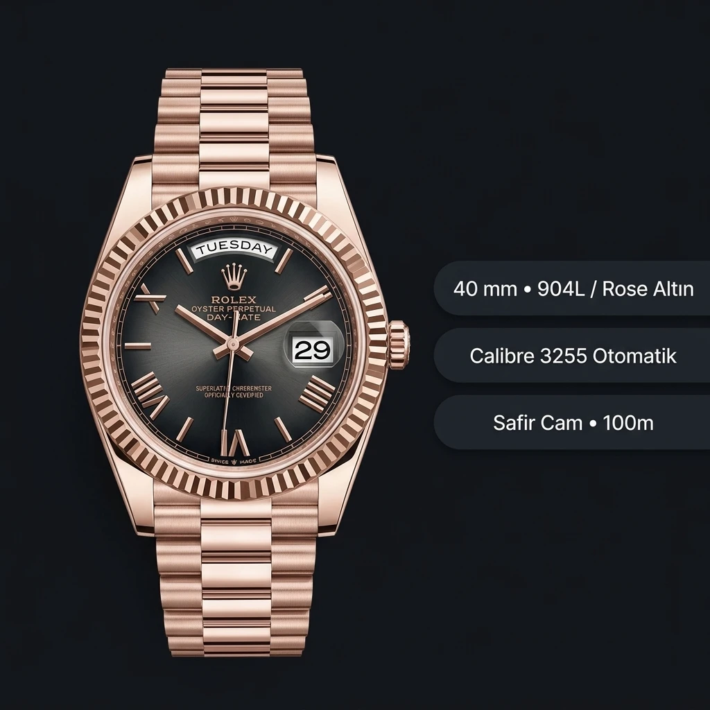Rolex Day-Date 40 mm 228235 Siyah Roma Kadran Everose President Super Clone Eta Saat