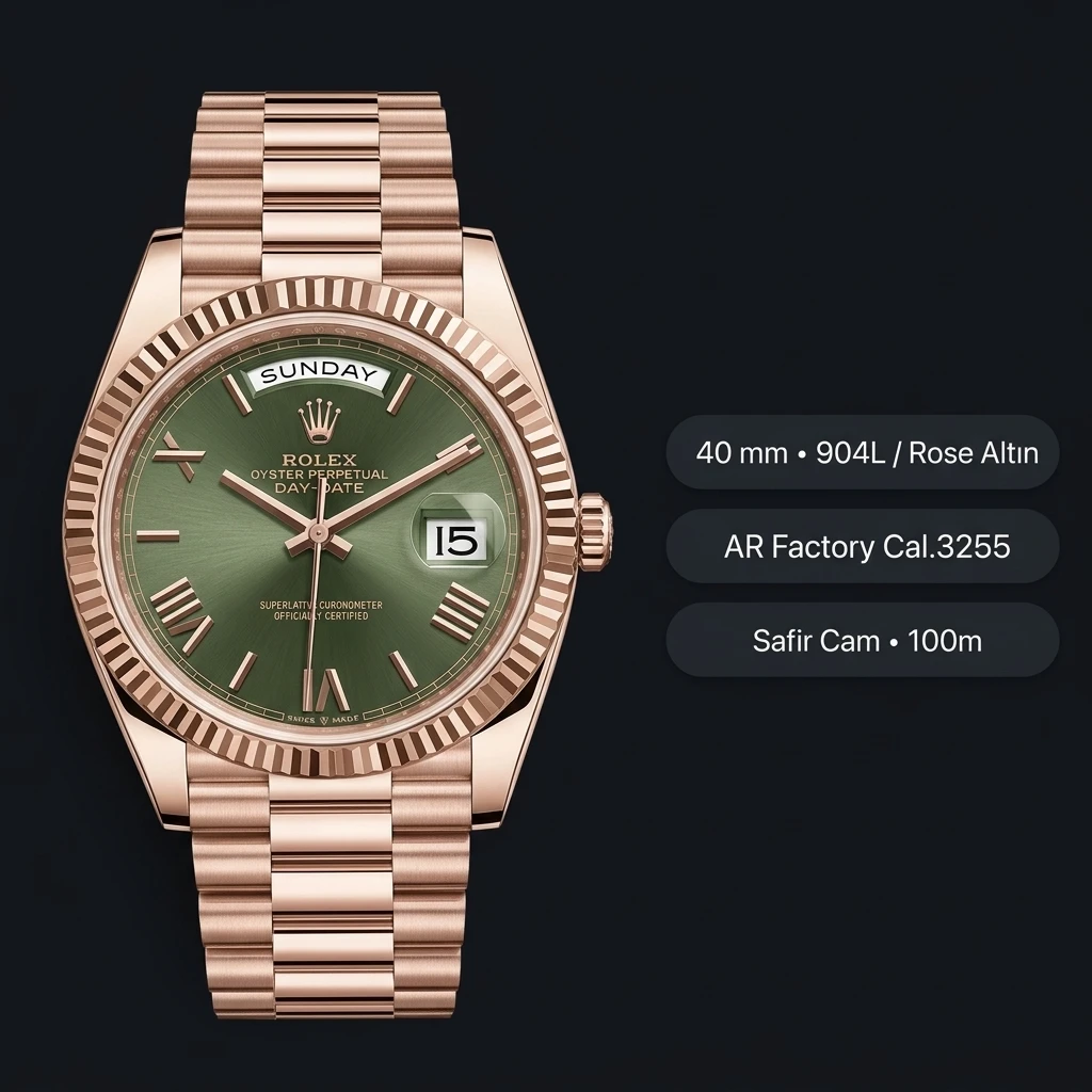 Rolex Day-Date 40 mm 228235 Yeşil Kadran Everose President Super Clone Eta Saat