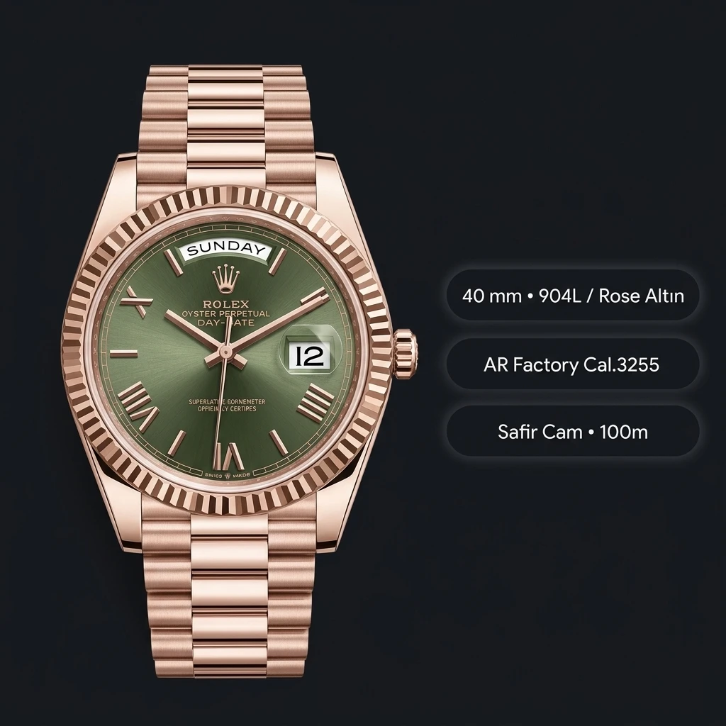 Rolex Day-Date 40 mm 228235 Yeşil Roma Kadran Everose President Super Clone Eta Saat