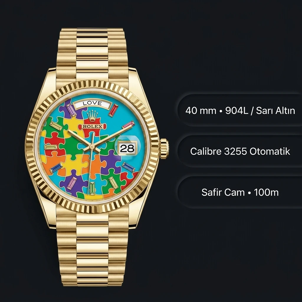 Rolex Day-Date 40 mm 228238 Renkli Çiçek Kadran Sarı Altın President Super Clone Eta Saat