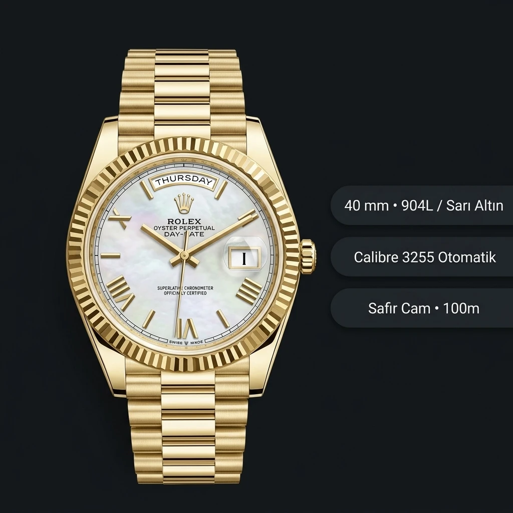 Rolex Day-Date 40 mm 228238 Roma Rakamlı Sedef Kadranlı Sari Altin President Fluted Bezel Super Clone ETA Saat