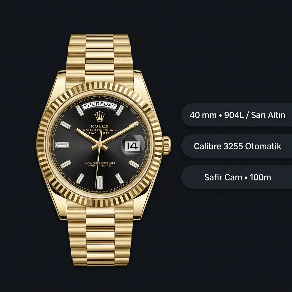 Rolex Day-Date 40 mm 228238 Siyah Kadran Sarı Altın President Super Clone Eta Saat