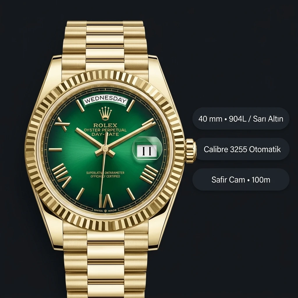 Rolex Day-Date 40 mm 228238 Sunburst Yeşil Kadranlı Sari Altin President Fluted Bezel Super Clone ETA Saat