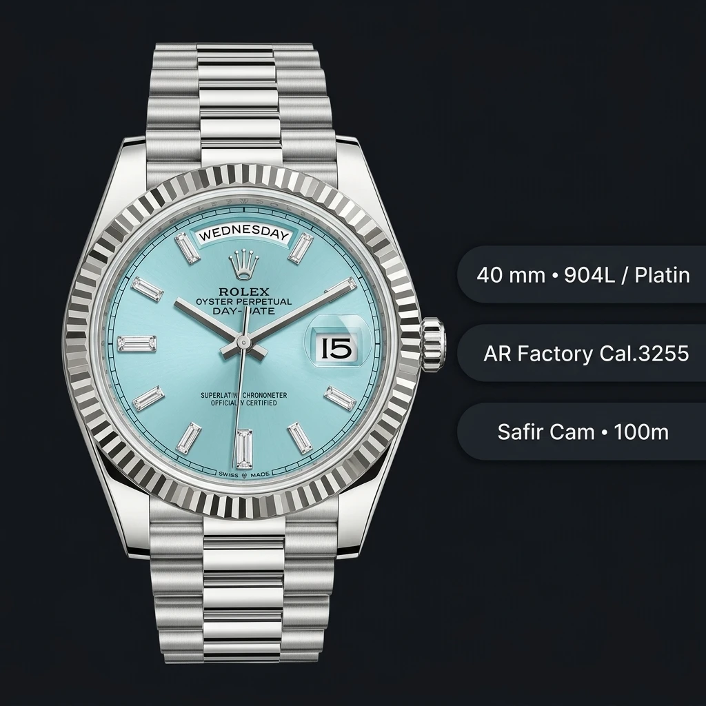 Rolex Day-Date 40 mm 228238 Turkuaz Kadran Fluted President Super Clone Eta Saat