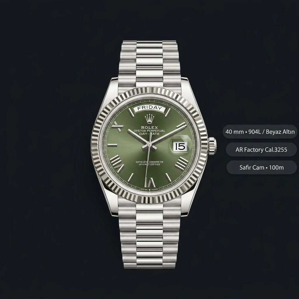 Rolex Day-Date 40 mm 228238 Yeşil Kadran Fluted President Super Clone Eta Saat